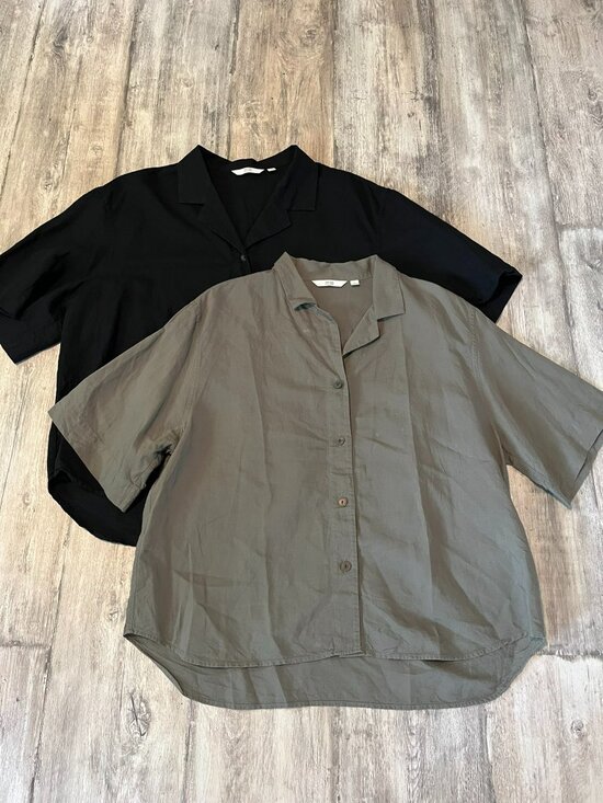 Uniqlo Tops - SALE! 2 Uniqlo W's Linen Blend Open Collar S/S Shirts, Black & Olive, Large